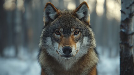 Obraz premium A close-up of a wolf in a snowy forest, showcasing its intense gaze and natural beauty.