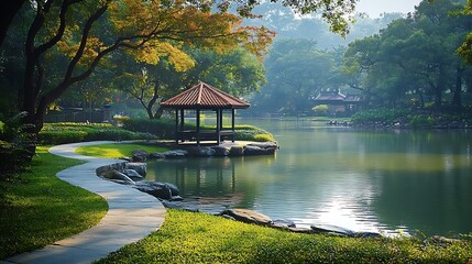 Tranquil riverside spot for meditation surrounded by natural greenery and soft light reflecting on the water