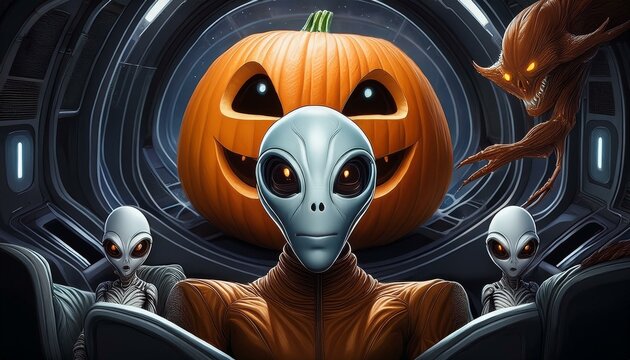 Artificial intelligence images created according to the Halloween concept. Aliens and their flying objects. Pumpkin like an UFO. 