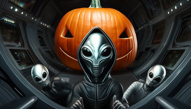 Artificial intelligence images created according to the Halloween concept. Aliens and their flying objects. Pumpkin like an UFO. 