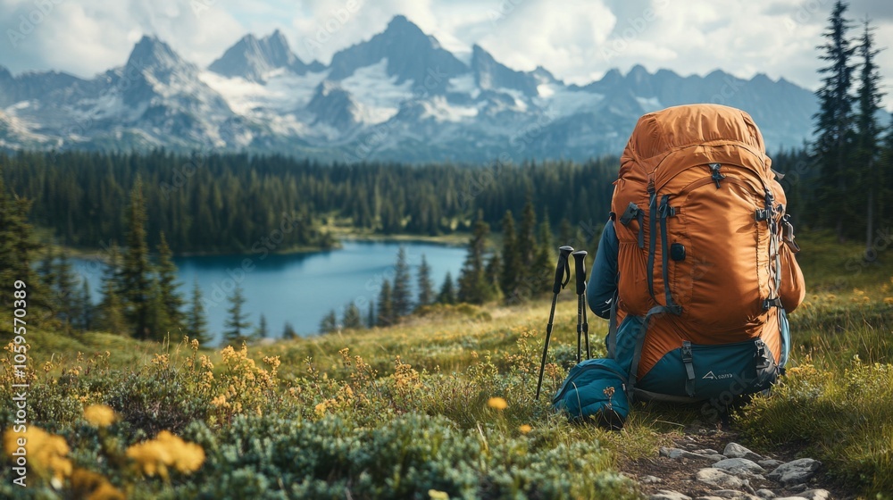 Poster a tired hiker sits on the ground, gazing out at a tranquil lake. majestic mountains rise in the back