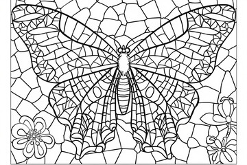 Fototapeta premium Intricate black and white line art of a butterfly surrounded by floral patterns, perfect for coloring enthusiasts of all ages.