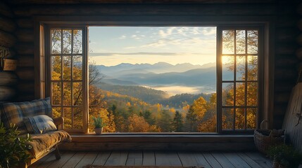 Fototapeta premium Cozy cabin in the woods with a view of mountains in the distance, softly lit by morning sunlight