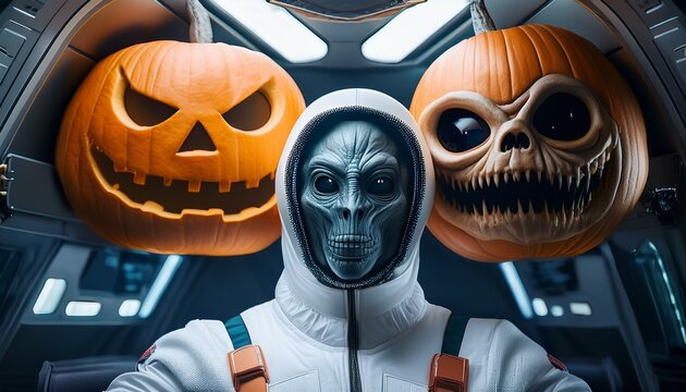 Artificial intelligence images created according to the Halloween concept. Aliens and their flying objects. Pumpkin like an UFO. 