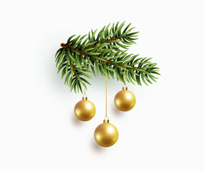 Christmas tree balls and green fir branch isolated on white background. Vector pine evergreen plant element with gold xmas ornaments