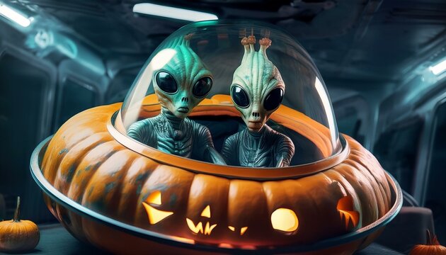 Artificial intelligence images created according to the Halloween concept. Aliens and their flying objects. Pumpkin like an UFO. 