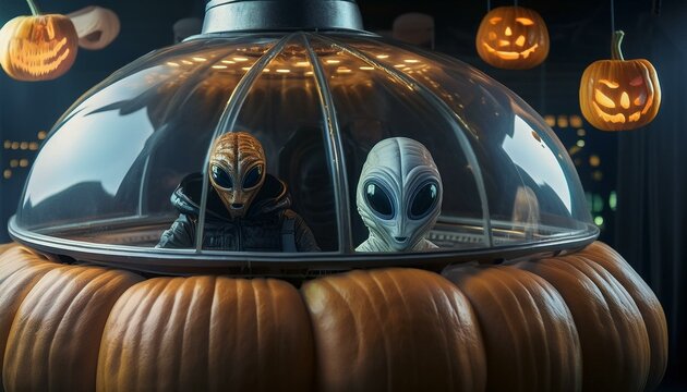 Artificial intelligence images created according to the Halloween concept. Aliens and their flying objects. Pumpkin like an UFO. 