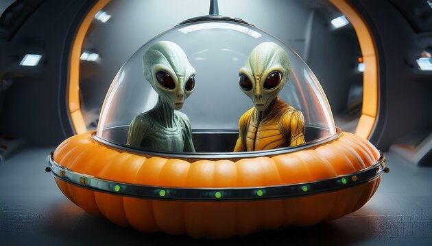 Artificial intelligence images created according to the Halloween concept. Aliens and their flying objects. Pumpkin like an UFO. 