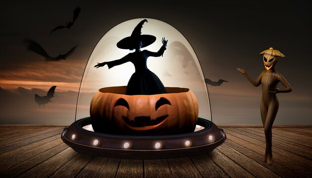 Artificial intelligence images created according to the Halloween concept. Aliens and their flying objects. Pumpkin like an UFO. 