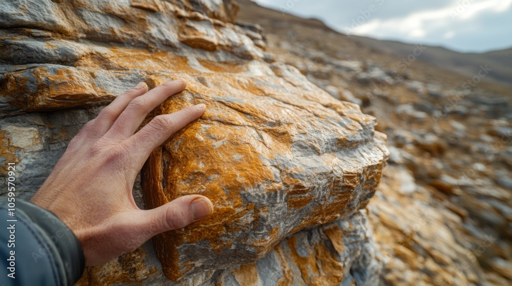 Poster A person touches an intriguing and colorful rock formation in a mountainous area while exploring nature. The cloudy sky enhances the stunning scenery around.