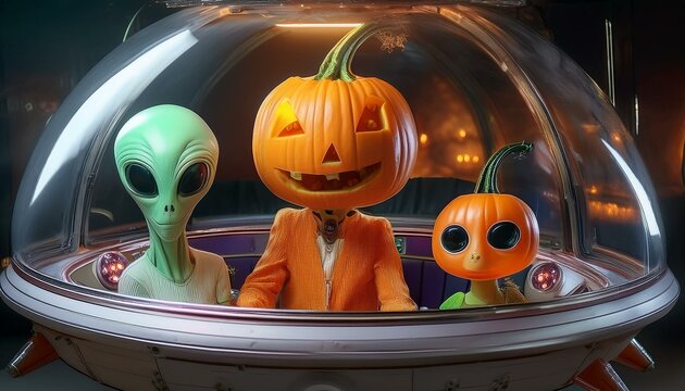 Artificial intelligence images created according to the Halloween concept. Aliens and their flying objects. Pumpkin like an UFO. 