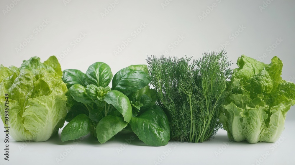 Poster an array of fresh lettuce, vibrant dill, and aromatic basil showcasing garden-fresh produce on a cle