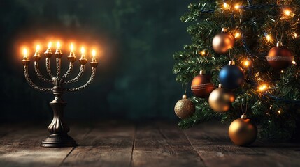 Menorah with Christmas Tree Ornaments and Lights on Rustic Wooden Table