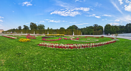 The panoramic view of the large well kept gardens by the Schonbrunn Palace, Vienna, Austria