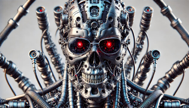 A Cyborg Terminator Head featuring Glowing Red Eyes and intricat