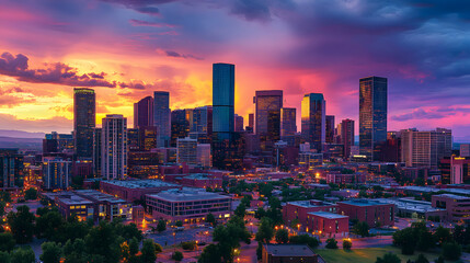 Obraz premium Urban Serenity: The Enchanting Crepuscular Glow Over a Vibrant City Skyline