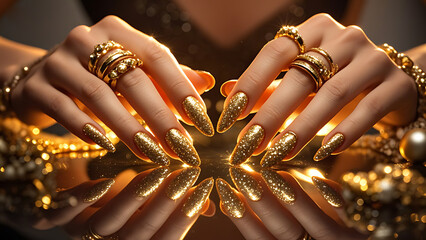 Female hand displaying an elegant golden nail art design.