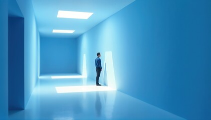 Obraz premium Lonely man in a Minimalist Blue Room with Light from Above