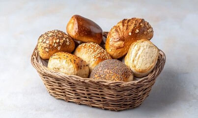 Fototapeta premium Freshly Baked Bread Rolls in a Wicker Basket, Perfect for Breakfast or Bake Sale Generative AI