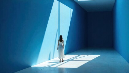 Woman walking though hallway, blue theme, dynamic, minimalist