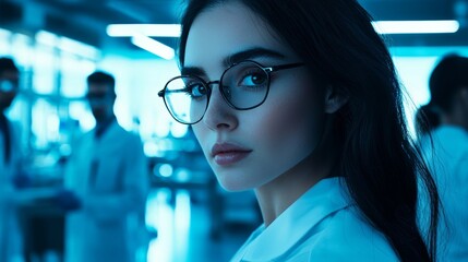 Fototapeta premium Female Scientist in Modern Laboratory with Team of Specialists Generative AI
