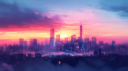 Fototapeta premium Urban Serenity: The Enchanting Crepuscular Glow Over a Vibrant City Skyline