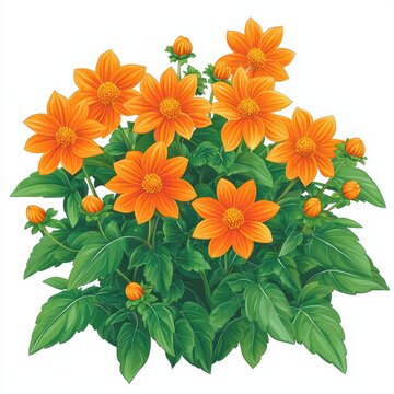 A vibrant cluster of orange flowers with lush green leaves on a white isolated background.