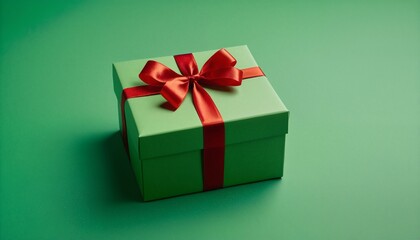 Obraz premium A green gift box with red ribbon on a isolated green surface.