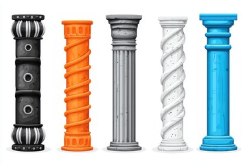 Fototapeta premium Colorful decorative columns in various styles, isolated on a white background.