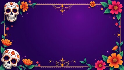 Dia de los Muertos background. Purple invitation card template design with empty space for text. Festive decoration with flowers and calavera or sugar skull
