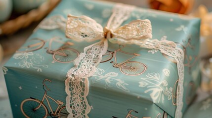 A gift wrapped in a light blue paper featuring a whimsical design of antique bicycles and finished off with a dainty white lace ribbon.