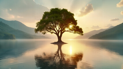 A Majestic Large Tree Glowing in Serene Waters During Sunset Surrounded by Lush Green Hills