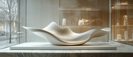 White abstract sculpture on a white pedestal in a modern store interior.