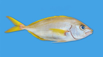 Fototapeta premium Fresh Raw Dorado Fish on a Blue Background, Concept of Dietary and Healthy Food for Supermarket or Grocery Store Generative AI