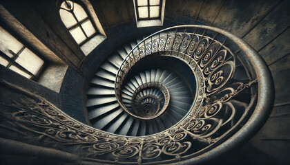 Capture an abandoned building with a mysterious spiral staircase