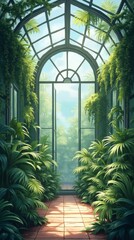 Naklejka premium High-resolution digital illustration, modern indoor greenhouse with tropical plants, ferns, and vines, glass ceiling allowing soft sunlight, cozy and humid interior with detailed plant textures