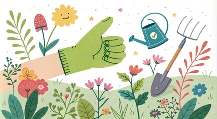A colorful and playful illustration of a hand with a bright green thumb, surrounded by various growing plants and gardening tools