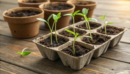 High-resolution image of a seedling starter kit arranged on a wooden table, with close-up details of the seedlings and soil