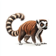 Fototapeta premium Lemur with distinctive striped tail, playful expression, white isolated background.
