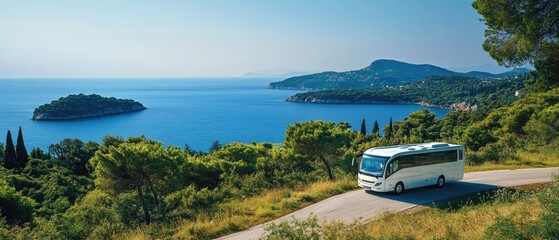 White bus driving on a winding road with a scenic view of the ocean and islands.