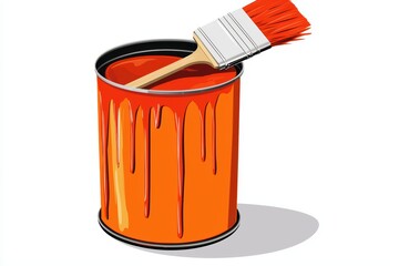 Open can of orange paint with a brush resting inside, vibrant colors, white isolated background.