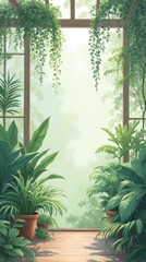 Fototapeta premium Soft pastel illustration, indoor greenhouse with a variety of tropical plants, ferns hanging from the ceiling, soft light creating a serene and peaceful environment, gentle shadows and detailed plant 