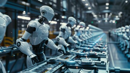 Obraz premium A fleet of autonomous robots working seamlessly together on a production line controlled by a powerful 5G network.