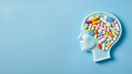 pills arranged in human head-shaped plate on blue background