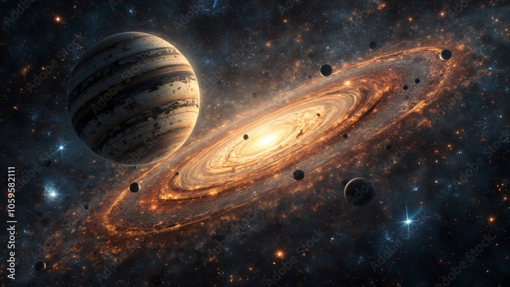 Wall mural an abstract depiction of outer space, with clusters of stars and planets set against a deep black vo