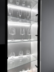 Glass cabinet with different glasses and glasses, all illuminated by built-in lighting