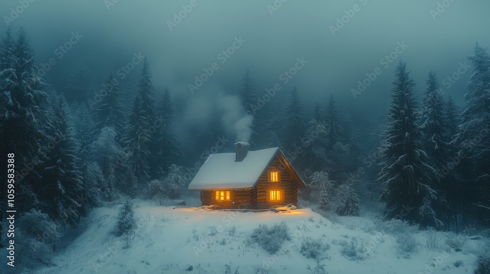 Poster a charming cabin stands in a snowy landscape, glowing warmly from its windows as mist envelops the s