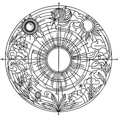 Intricate mandala design symbolizing the equinox with sun, moon, and floral elements in line art