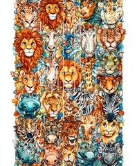 Obraz premium Colorful collage of various animals including lions, giraffes, and zebras.