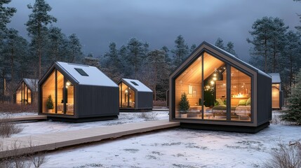 Obraz premium Three cylindrical cabins with illuminated interiors stand in a snowy forest, surrounded by trees and a wooden path, offering a warm escape during winter evenings